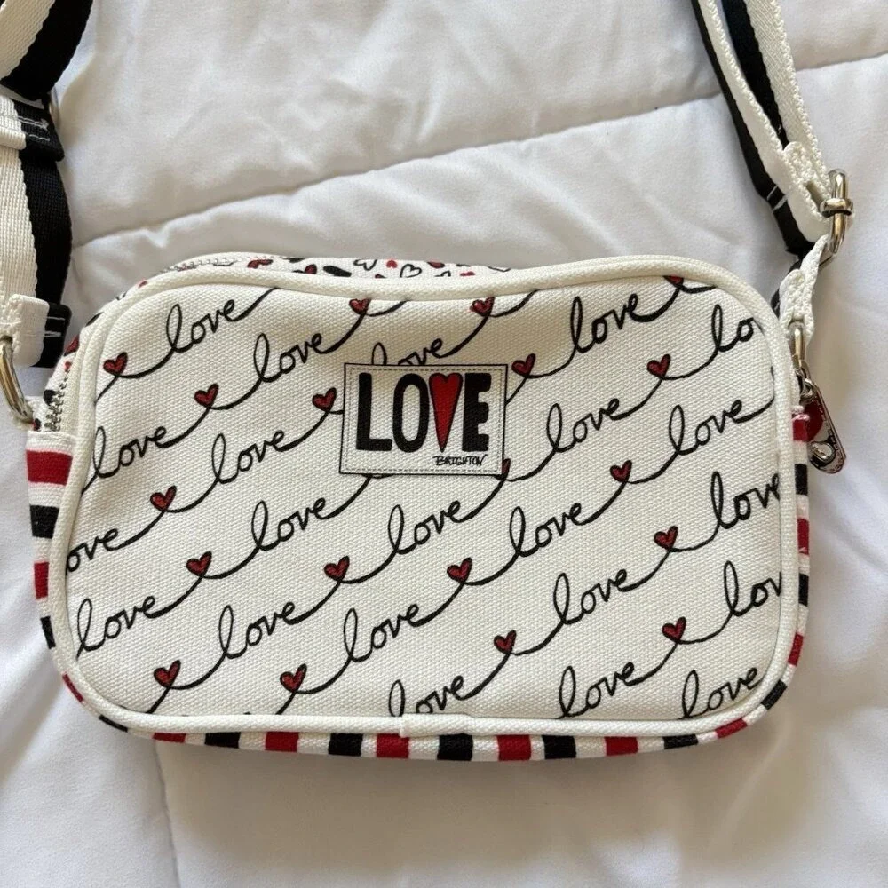 Brighton Love Scroll Canvas‎ Crossbody Bag Purse White Red Black Hearts